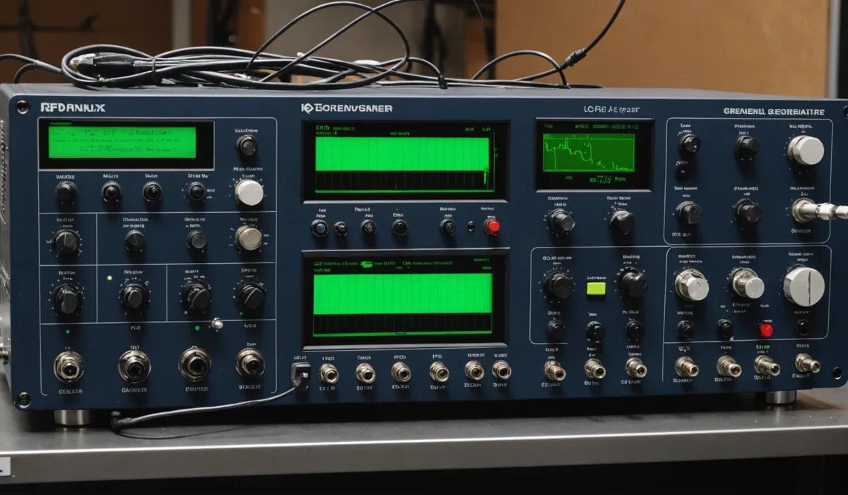 RF mixer test bench with dual signal generators, mixer board, and spectrum analyzer