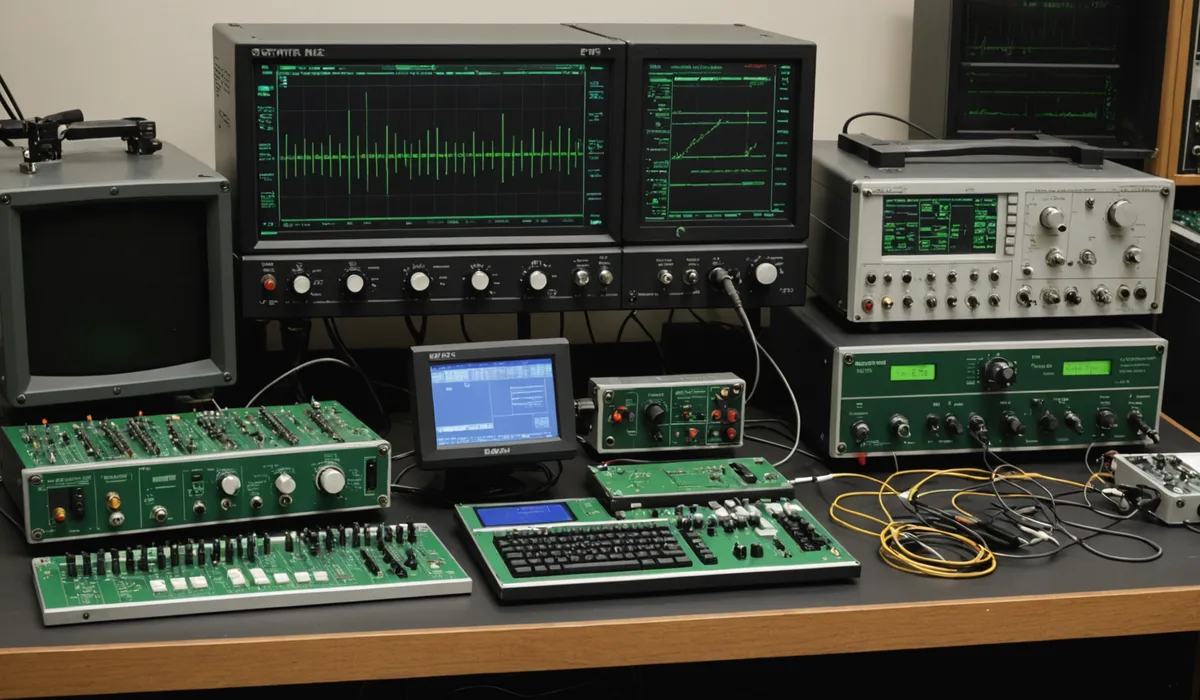 RF power amplifier on finned heatsink bench with power meter and coax connectors