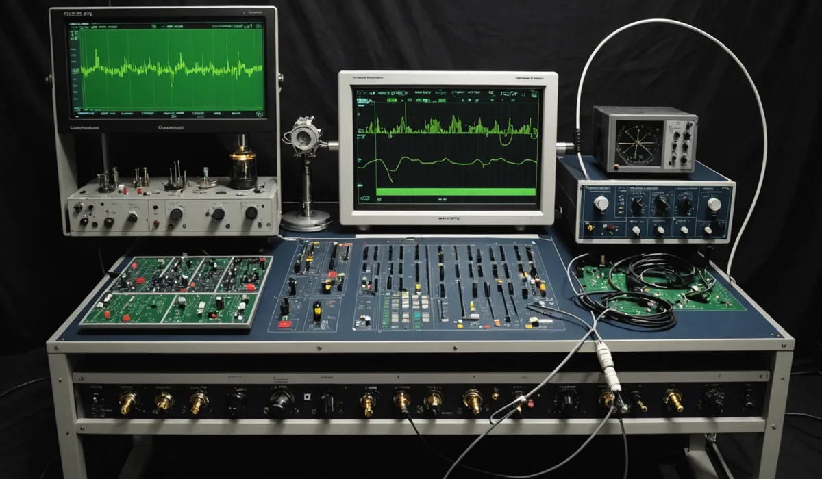 PLL synthesizer evaluation board linked to a phase-noise analyzer showing a noise skirt